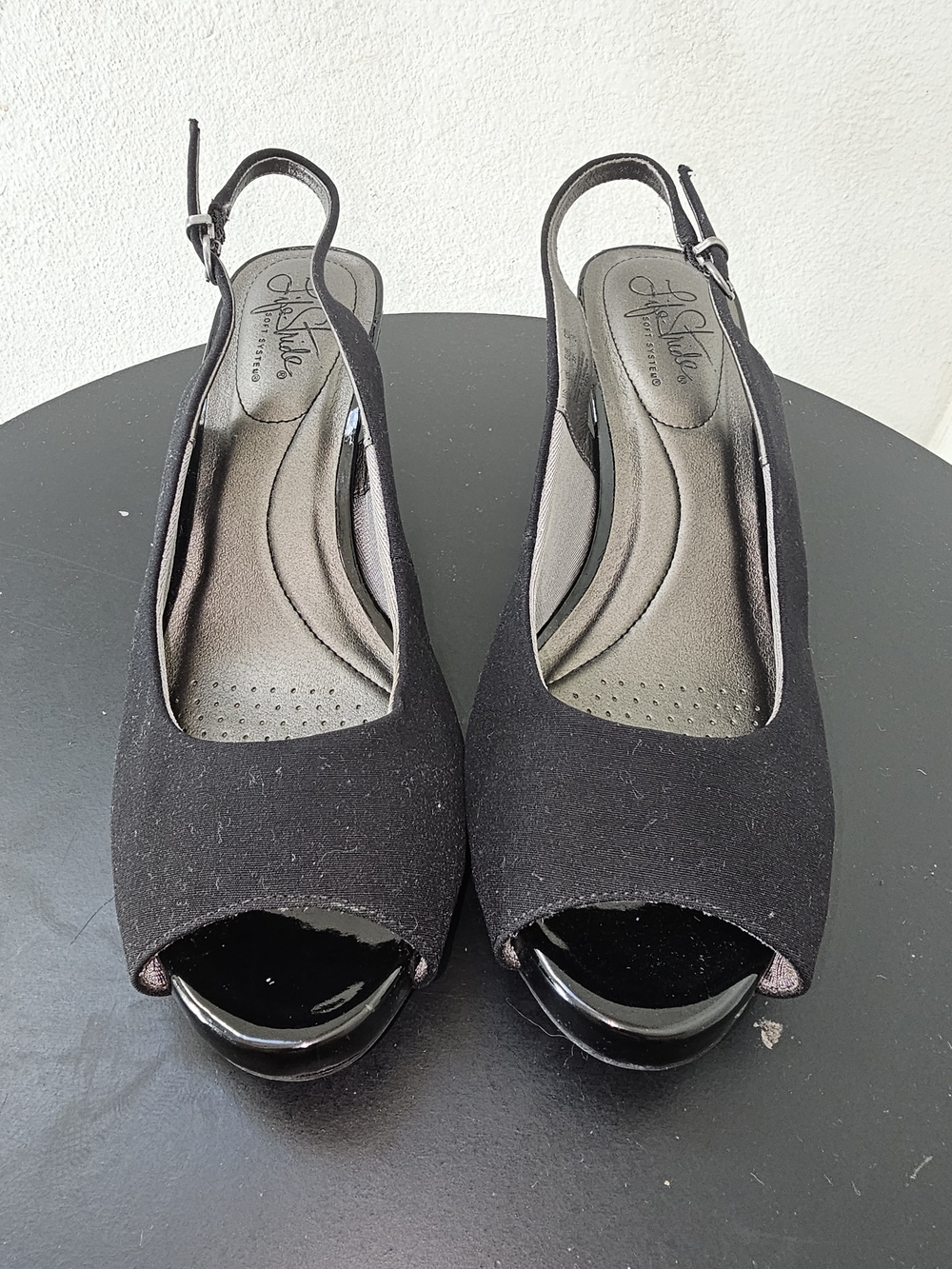 Life Stride Black Slingback Peep-Toe Heels with Patent Accents